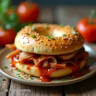 El Mejor Bagel con Salsa BBQ Cerdo Ahumado y Queso Fundido