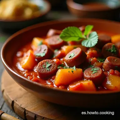 Receta Aut&eacute;ntica Papas con Longaniza en Salsa Roja Casera Tarjeta de receta