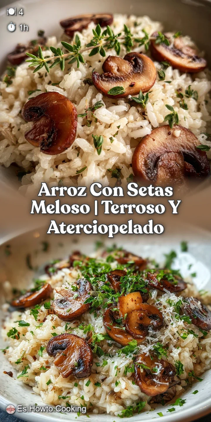 Close-up of creamy rice & mushrooms, steam rising. Earthy aroma visually implied by soft focus & rich color palette.