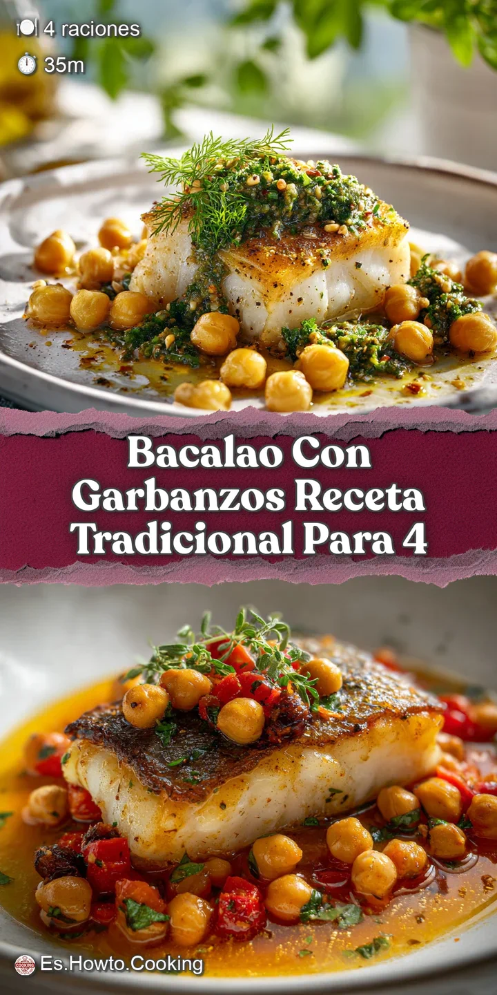 Close-up of flaky bacalao amidst plump chickpeas, swimming in rich, golden broth. A tempting glimpse of this traditional s...