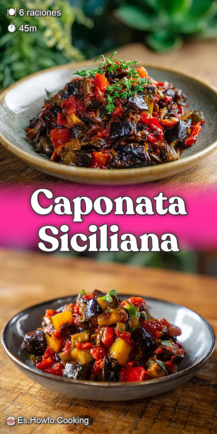 Close-up of steaming caponata with a medley of soft eggplant, juicy tomatoes, salty olives and a vibrant, tangy sauce.