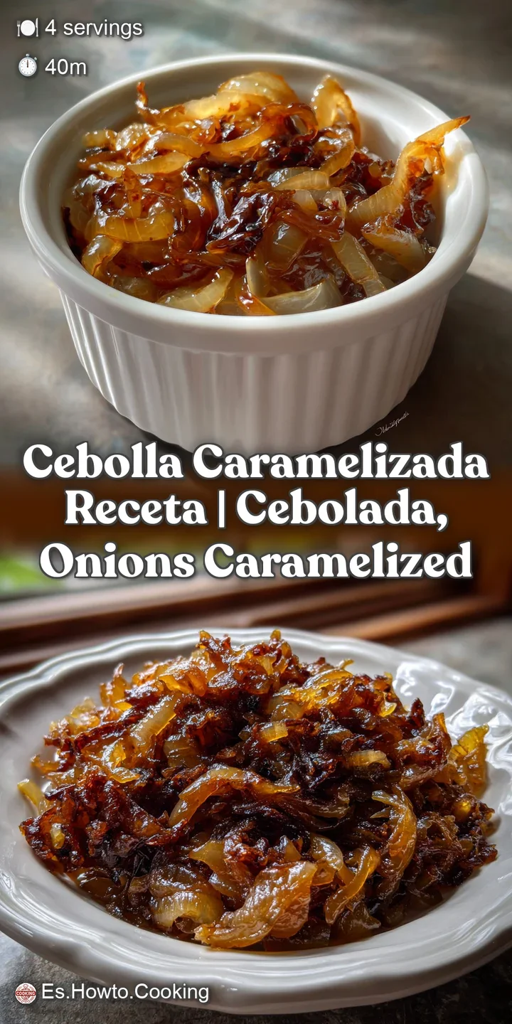 Close-up of bubbling, mahogany-colored onions with soft, translucent layers. The sweet, syrupy glaze hints at a deeply sat...