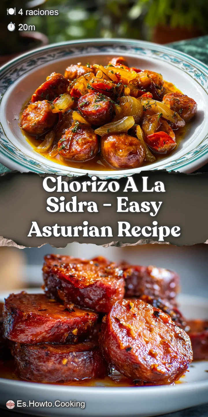 Close-up of succulent chorizo slices glistening in a shimmering, reduced cider sauce. Delicious Spanish tapa and comfort f...