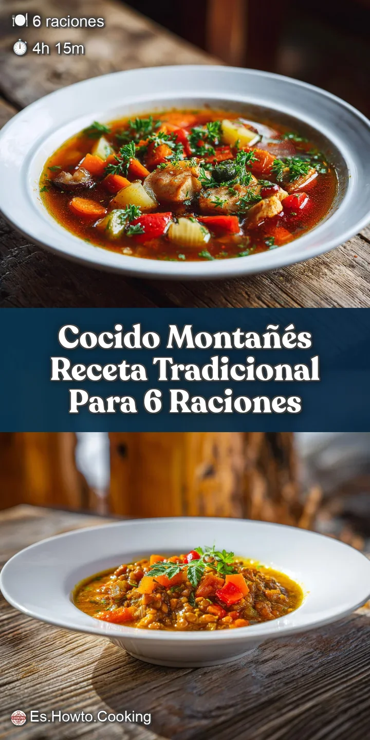 Close-up shot of Cocido Monta&ntilde;&eacute;s, highlighting the rich broth, smoky chorizo, and soft white beans. Visually inviting.