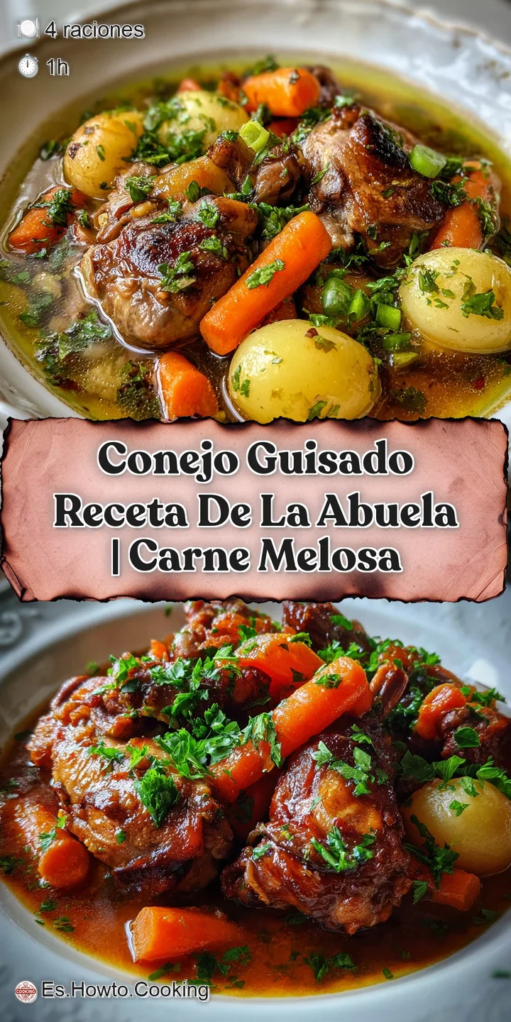 Close-up of tender rabbit in savory brown sauce. Highlights of glistening fat and vibrant vegetable colors.