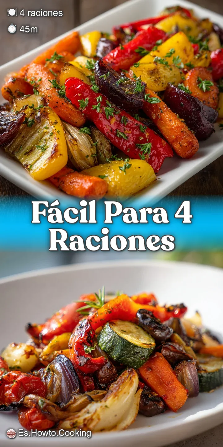 Close-up of tender, caramelized roasted vegetables, glistening with olive oil and scattered herbs. Textures show a delicio...