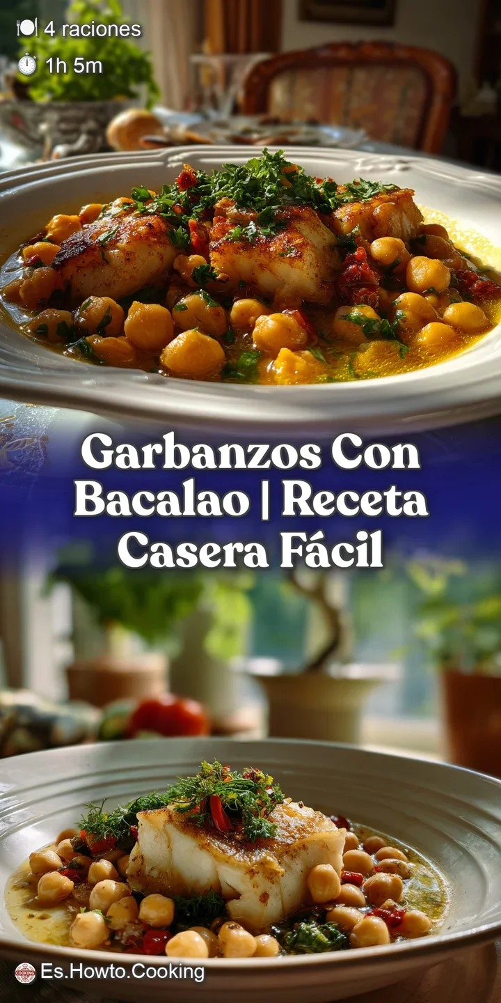 Close-up of glistening garbanzos con bacalao, showcasing the flaky texture of the cod and the creamy broth. An inviting, f...