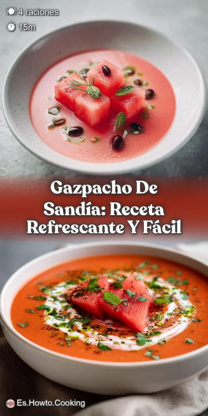 Close-up of bright red watermelon gazpacho. See the diced cucumber, peppers, and a glistening sheen. Fresh & deeply hydrat...