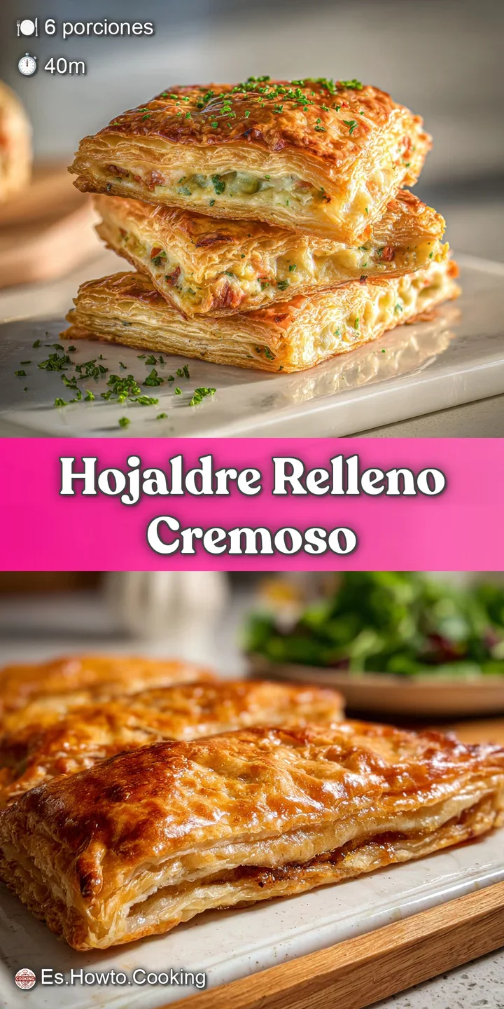 Close-up reveals the rich, creamy texture of the spinach and poultry filling encased in the light, airy, and golden puff p...