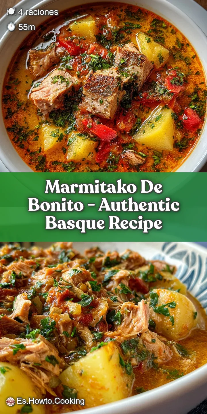 Close-up of homemade Marmitako. Flaky tuna, tender potatoes, and peppers simmered in a flavorful broth. A comforting, hear...
