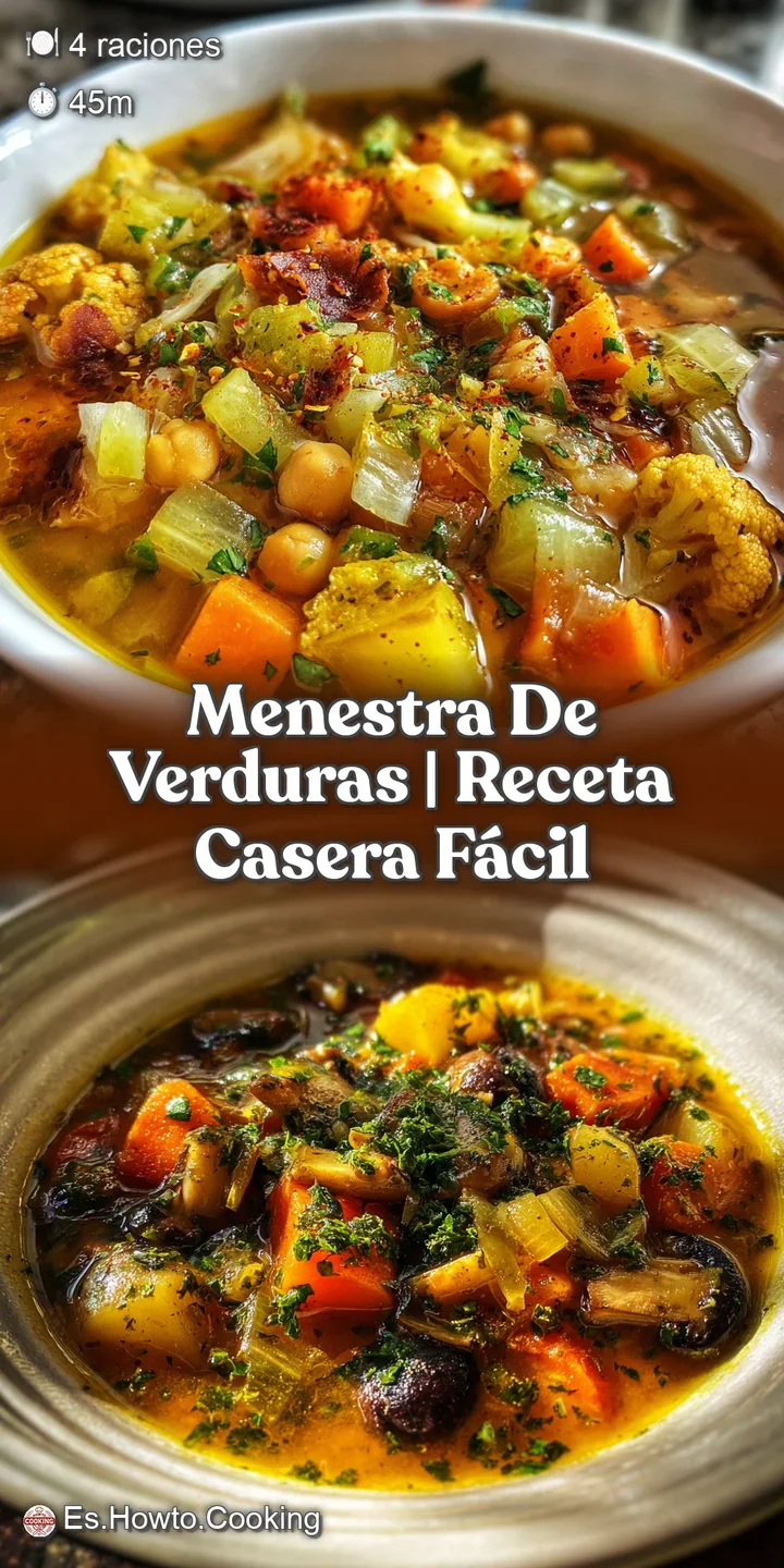 Close-up of a flavorful menestra. Steaming green beans, peas, and other vegetables simmer in a light sauce, speckled with ...