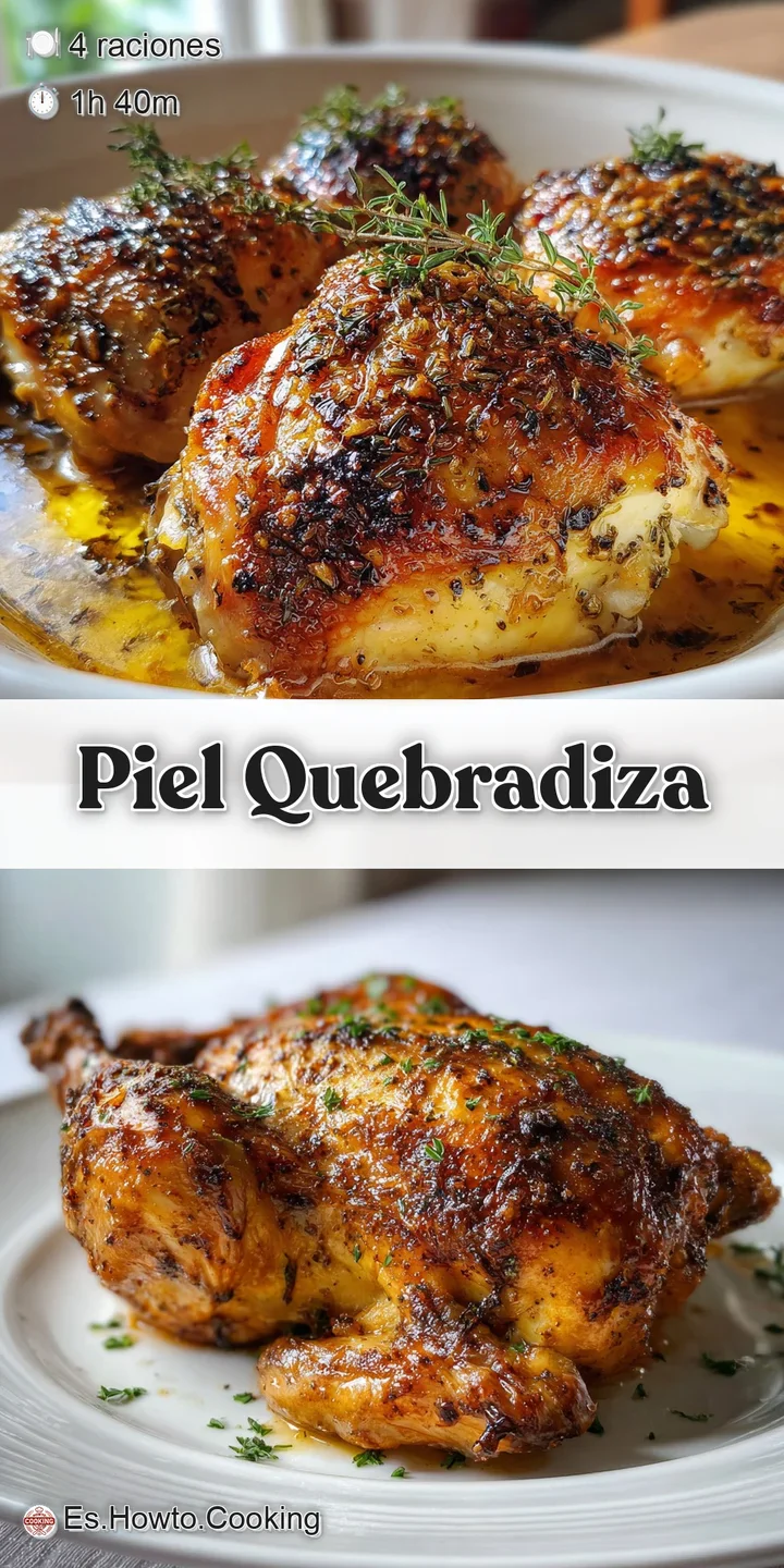 Close-up of glistening roasted chicken skin, deeply golden and blistered, sprinkled with herbs. Juicy and savory.