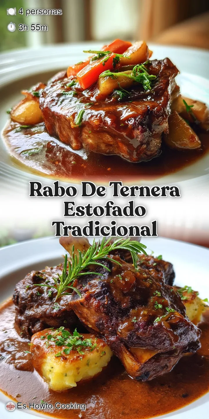 Close-up of glistening, fork-tender oxtail in a deep brown sauce. Hints of herbs and vegetables peek through, promising ri...