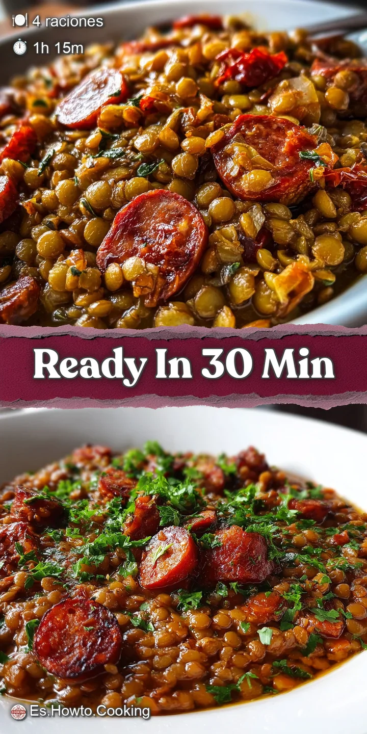 Close-up of savory lentils simmered in a deep red, aromatic broth, dotted with flavorful chorizo, hinting at warmth and au...