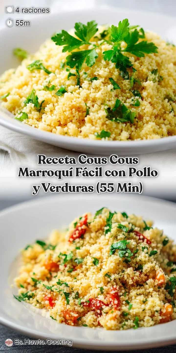 Close-up showcases the textures of couscous, juicy chicken, and vibrant vegetables, all glistening with a light, savory sa...