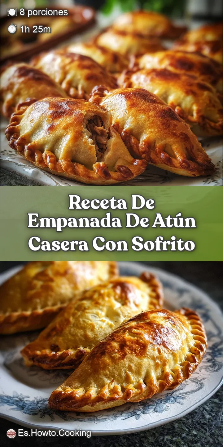 Close-up of a golden-brown, flaky empanada filled with moist tuna. The crust is beautifully textured and incredibly appeti...