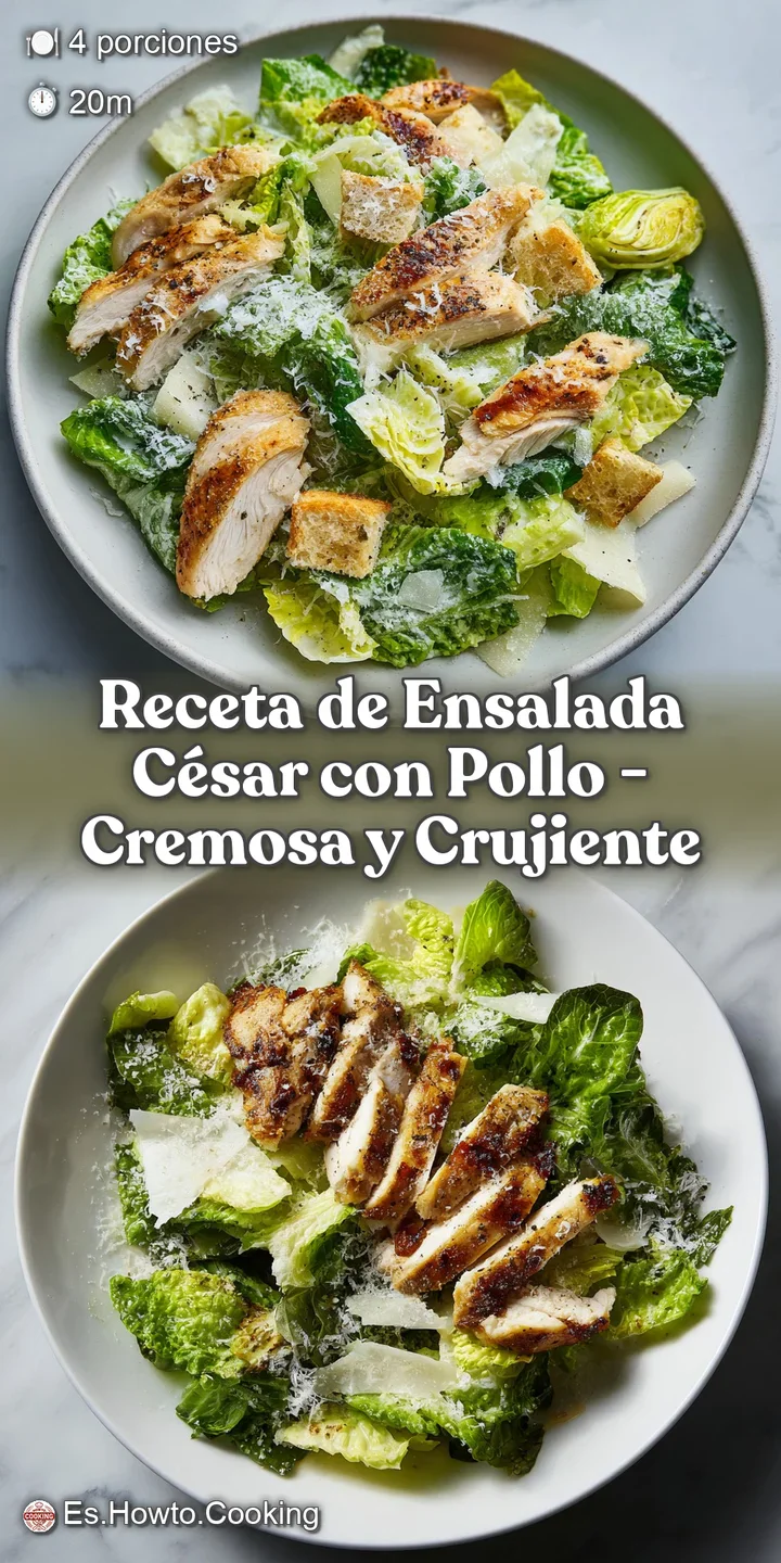 Close-up of a creamy, bright Caesar salad showcasing tender chicken, crunchy croutons, and fresh romaine lettuce.