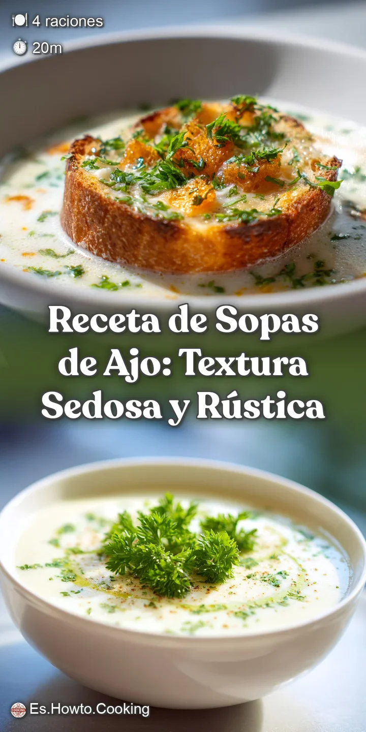 Close-up of golden-brown fried bread soaking in a flavorful, reddish-hued garlic soup, flecked with savory spices.