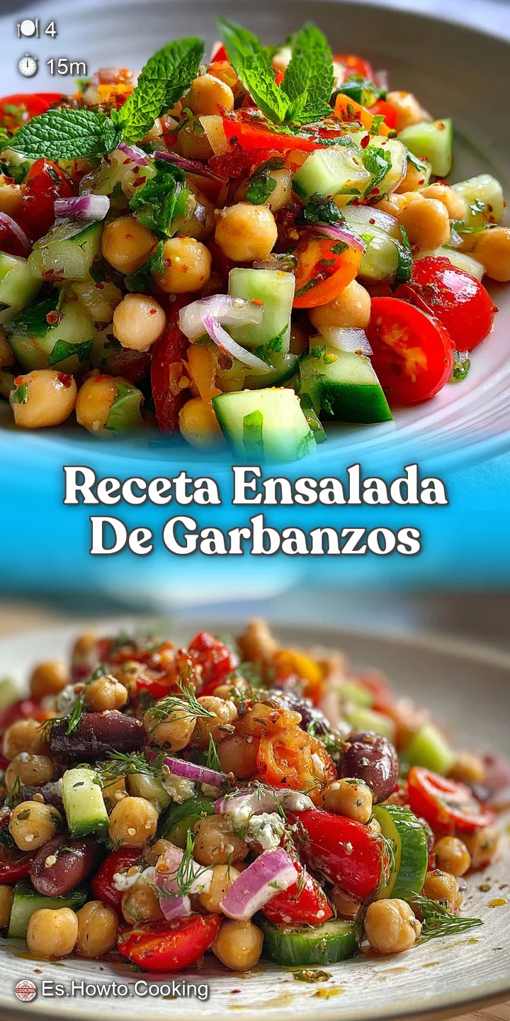 Close-up of a cold chickpea salad. Plump chickpeas, colorful vegetables & fresh herbs mix for a hearty, refreshing bite.