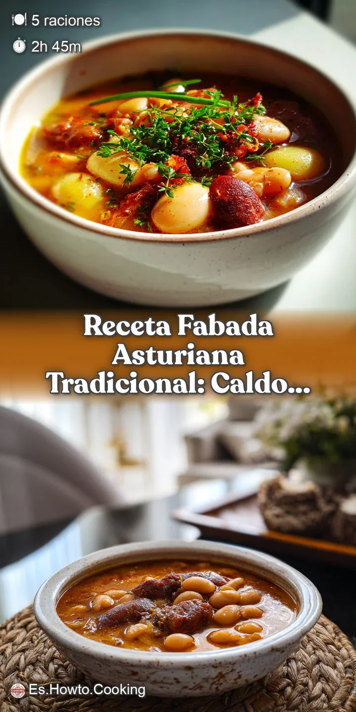 Close-up of simmering Fabada Asturiana showcasing plump white beans, savory meats, and a rich, aromatic broth. Inviting an...