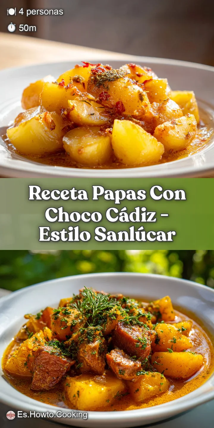 Close-up of the rich, dark 'Papas con Choco' stew. Diced potatoes, glistening olive oil, and tender cuttlefish mingle enti...