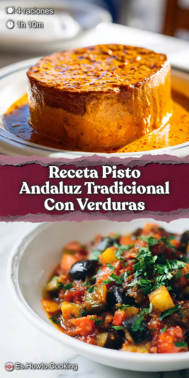 Close-up: Pisto andaluz with vibrant green peppers, zucchini, and tomatoes swimming in a thick, savory sauce. Warm, inviti...