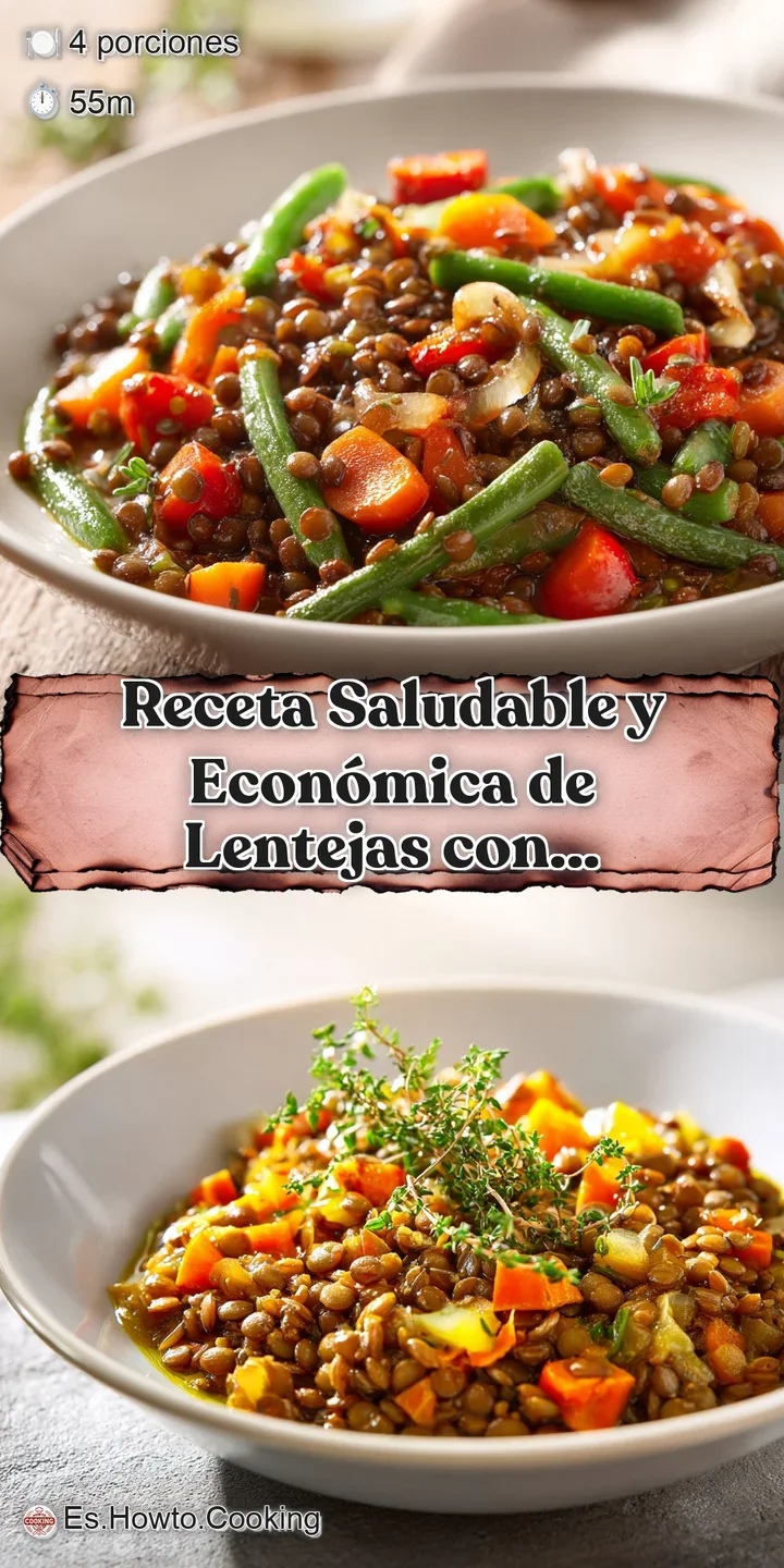Close-up of simmering lentils and vegetable pieces. Steam rises, showcasing the inviting, warm texture of this Spanish stew.