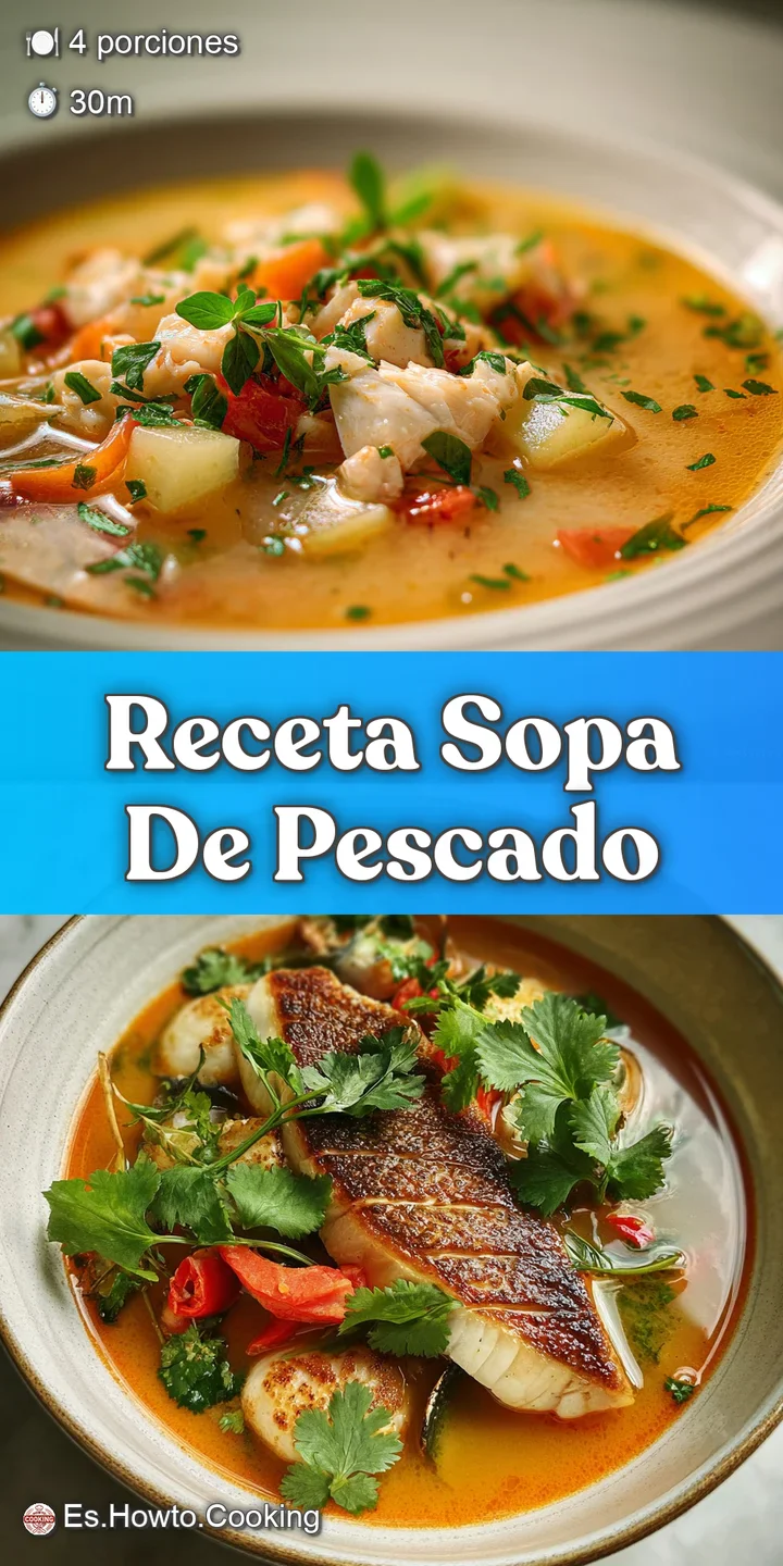 Appetizing close-up of steaming fish soup showing tender flakes of white fish and juicy mussels swimming in a savory broth.