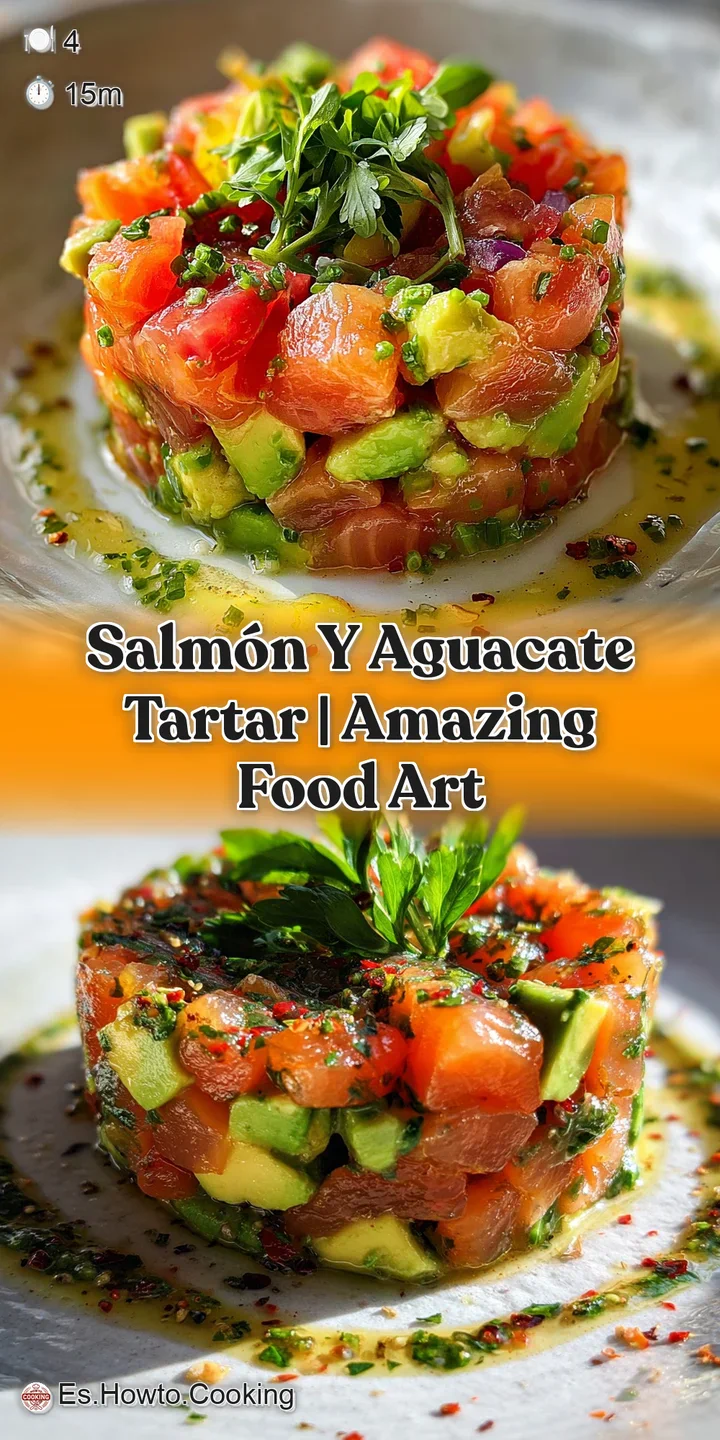 Close-up of glistening salmon and creamy avocado tartar. A burst of fresh flavors, with finely diced ingredients. Appetizi...