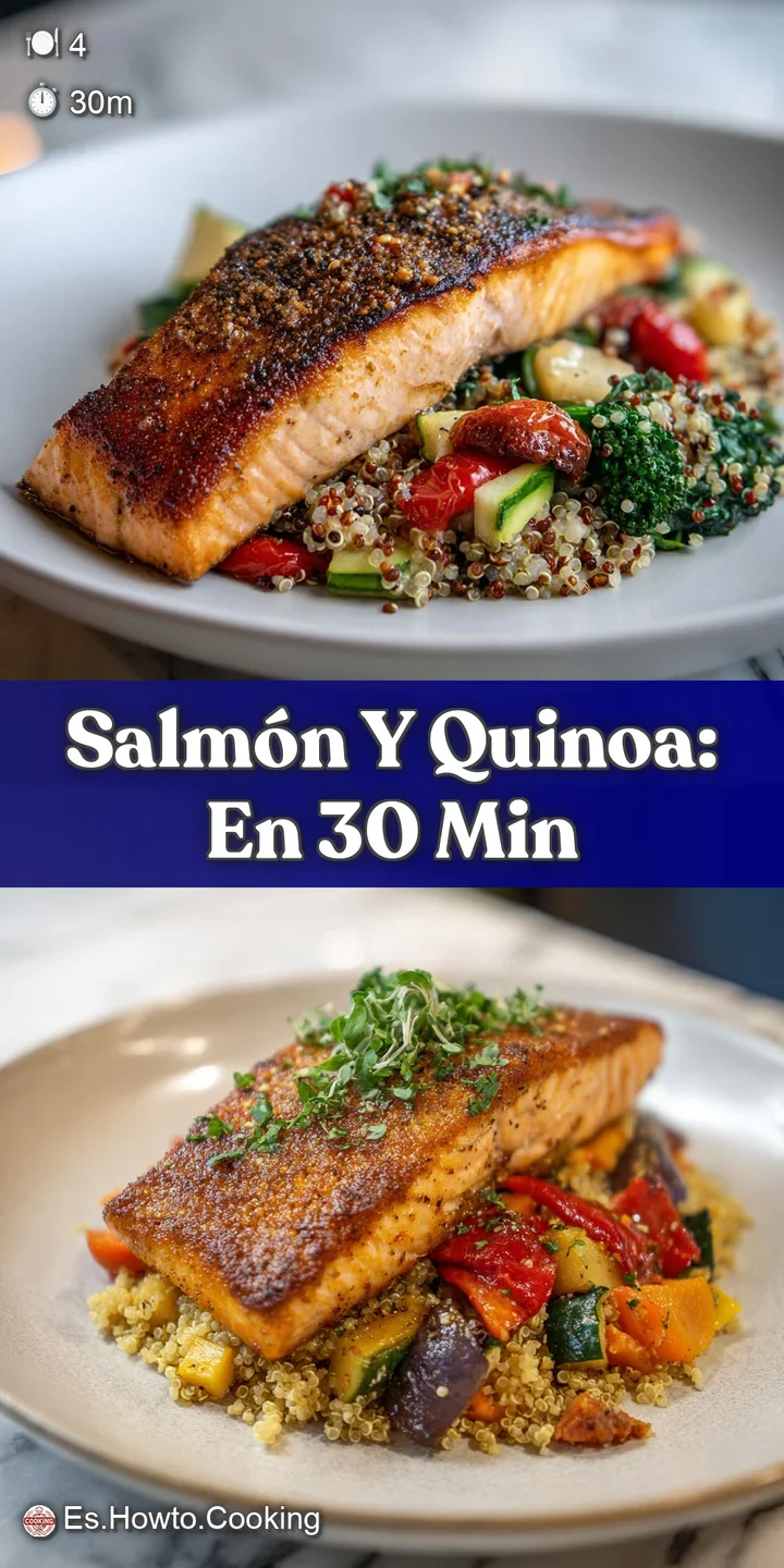 Close-up of tender salmon flakes and fluffy quinoa, glistening with a light sauce. Fresh herbs add a pop of bright green.