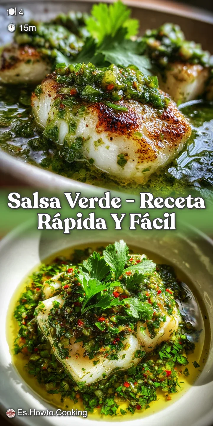 Close-up of salsa verde glistening on tender white fish. You can see the fresh herbs and oil, promising a flavorful bite.