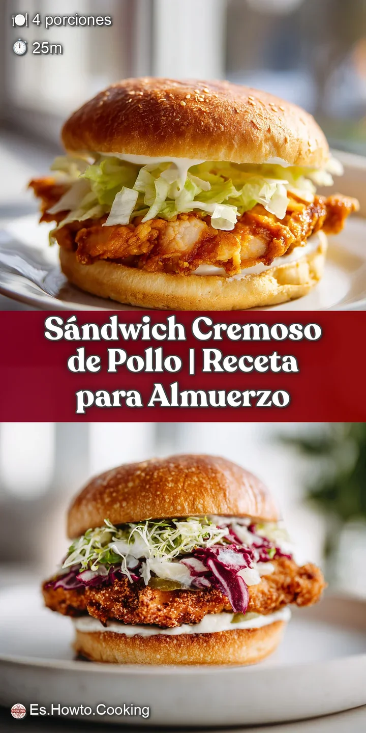 A close-up of a chicken salad sandwich's creamy, shredded chicken filling, peeking from crusty bread and fresh leafy green...