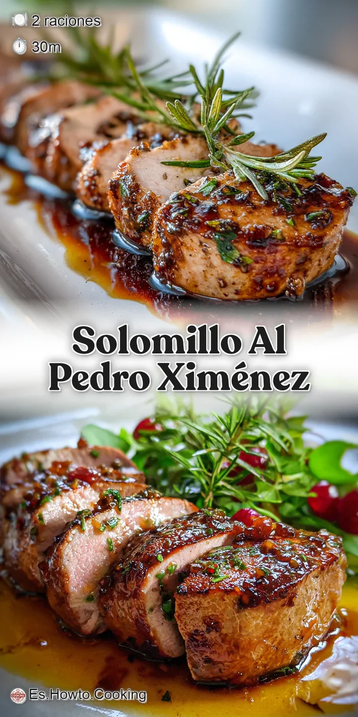 Close-up showcasing the glossy, deep-brown Pedro Xim&eacute;nez sauce coating the juicy pork. Toasted nut texture adds intrigue.