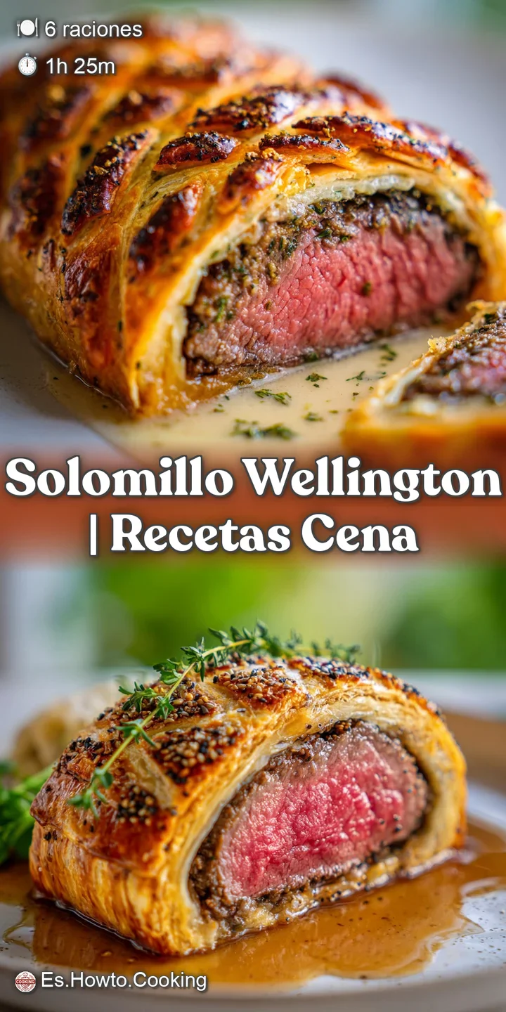 Close-up of perfectly cooked Solomillo Wellington showing flaky crust, juicy beef, and savory mushroom filling with herbs.