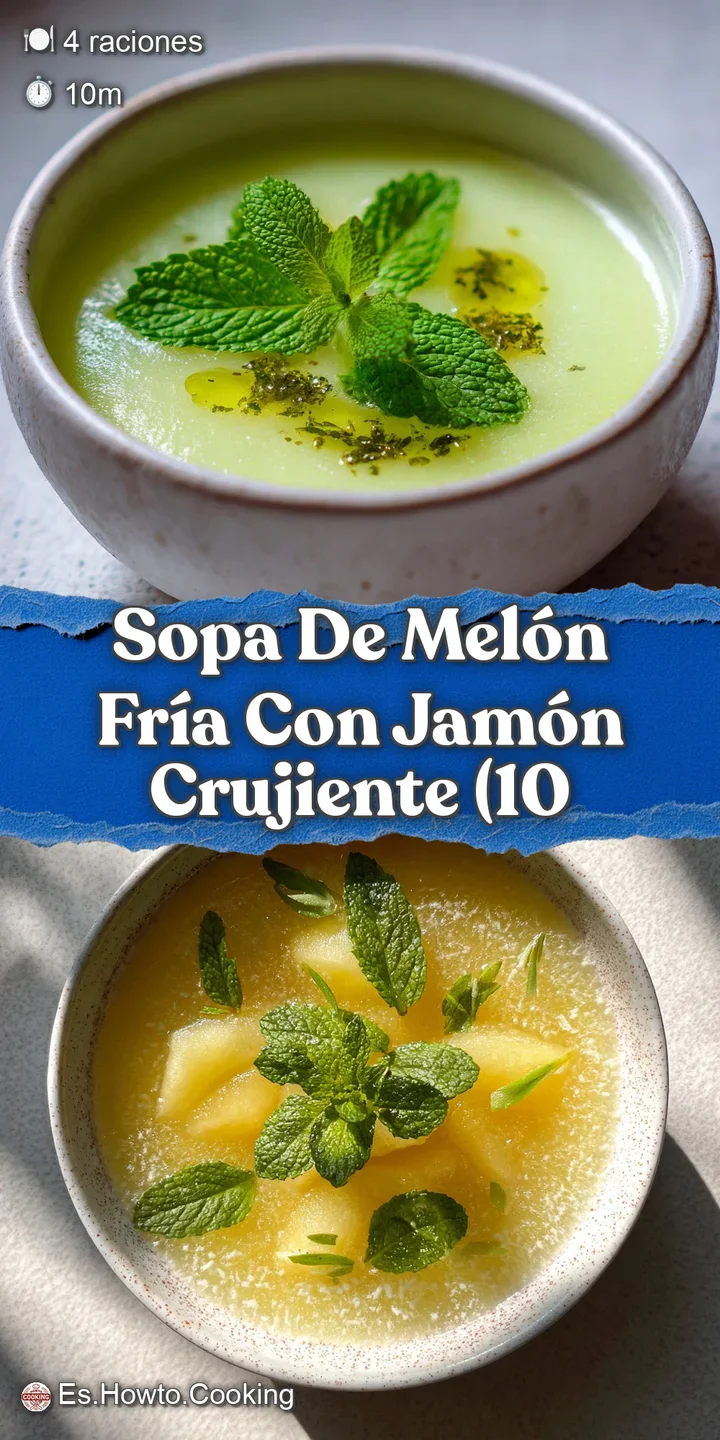 Close-up of cool melon soup. See the glistening ham, bright green mint, and a subtle swirl of olive oil.