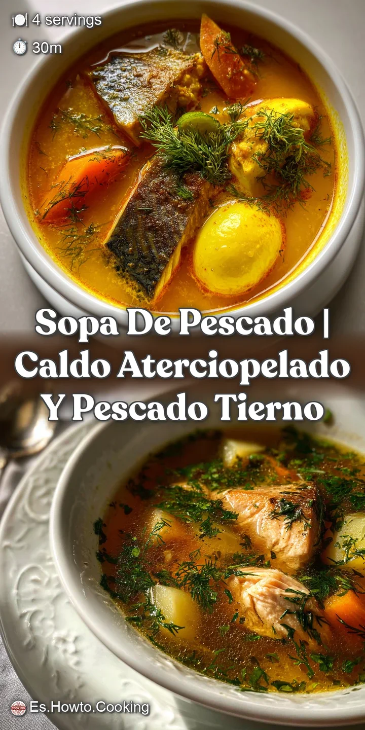 Close-up view of a steaming bowl of sopa de pescado. Rich, orange broth with flaking fish, visible textures, and bright ci...