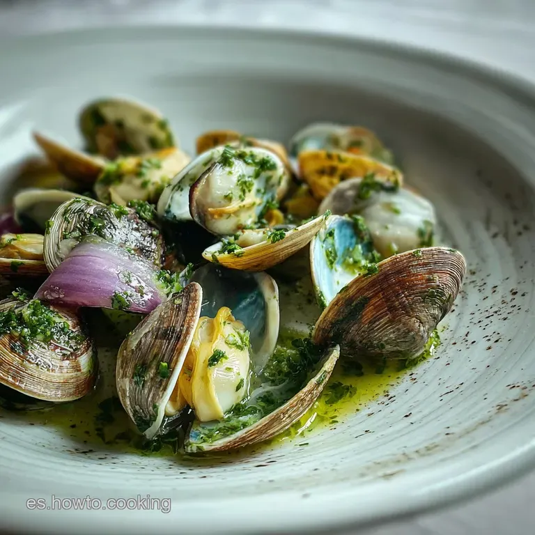 Plated clams in a savory, wine-infused sauce, garnished with parsley. Crusty bread sits nearby, perfect for dipping.