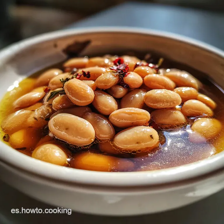 A rustic bowl brimming with glistening, dark beans and tender meat, steam rising, garnished with fresh herbs on a wooden s...