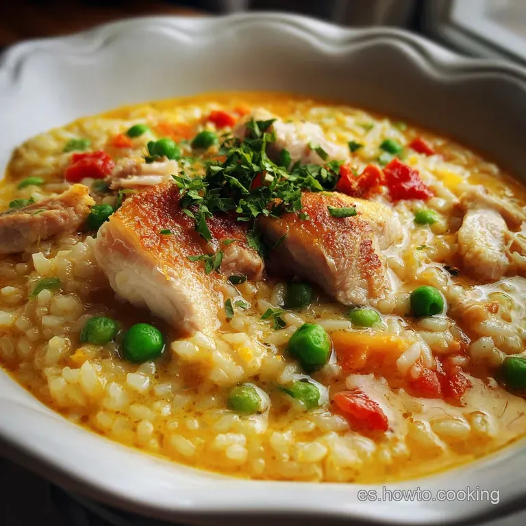 Elegant bowl of golden, silky rice with juicy chicken. Garnished with fresh herbs and a drizzle of olive oil.