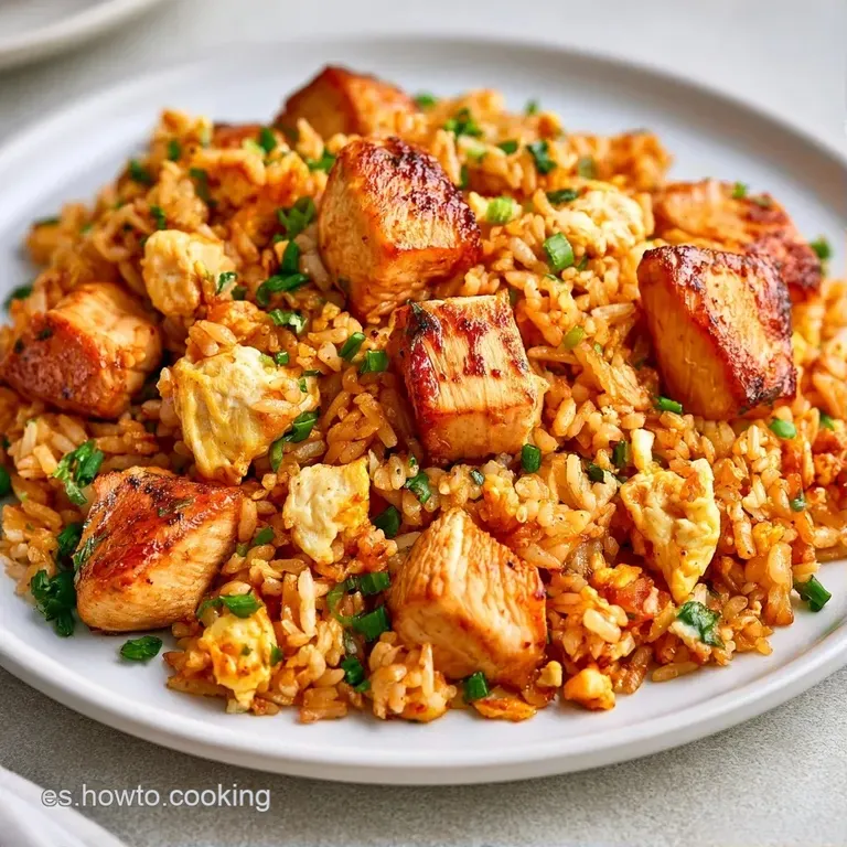 Montículo de arroz tostado adornado con cebollino fresco y semillas de sésamo sobre una cerámica oscura minimalista.