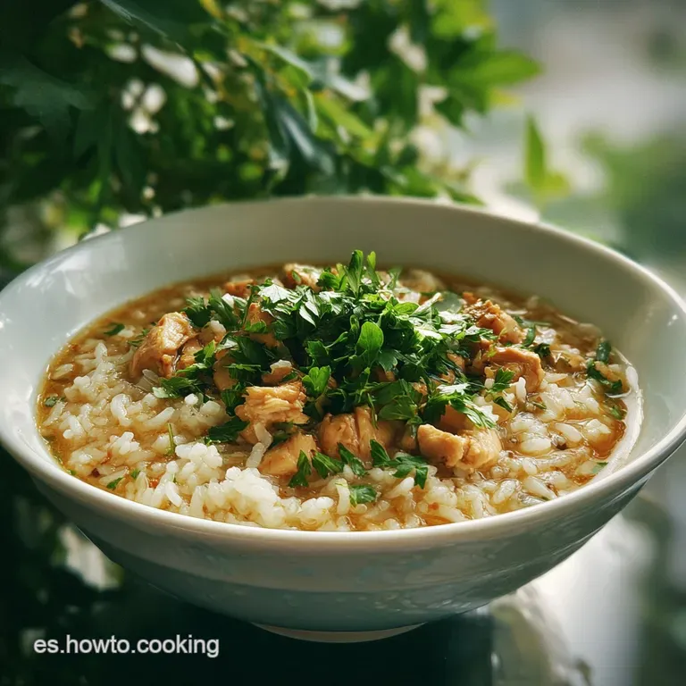 A deep bowl filled with golden, brothy rice and tender chicken, garnished with bright cilantro and a wedge of lime.