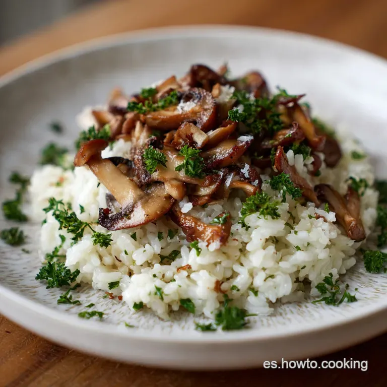 A vibrant plate of creamy mushroom rice, garnished with fresh herbs and a drizzle of oil. Inviting textures and rustic charm.