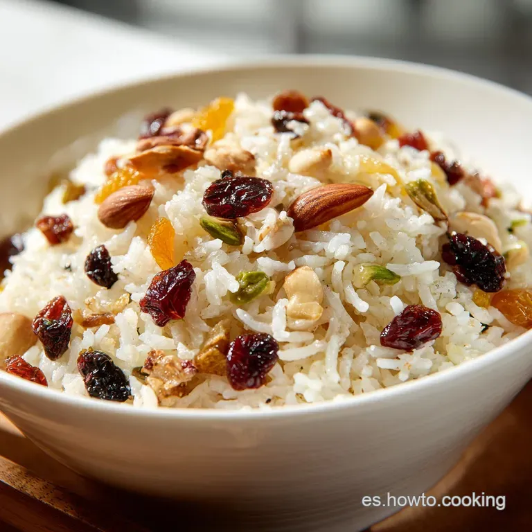 A generous scoop of ruby-red festive rice with dried fruit and nuts, artfully arranged.