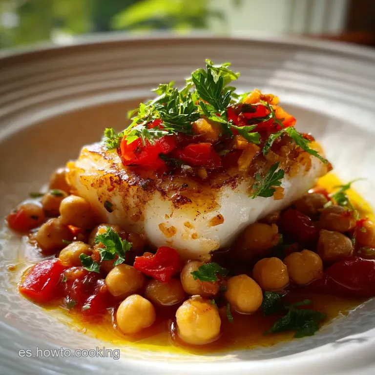 Bacalao con garbanzos in a white bowl, parsley garnish, vibrant paprika dusting. Comfort food elevated with careful plating.