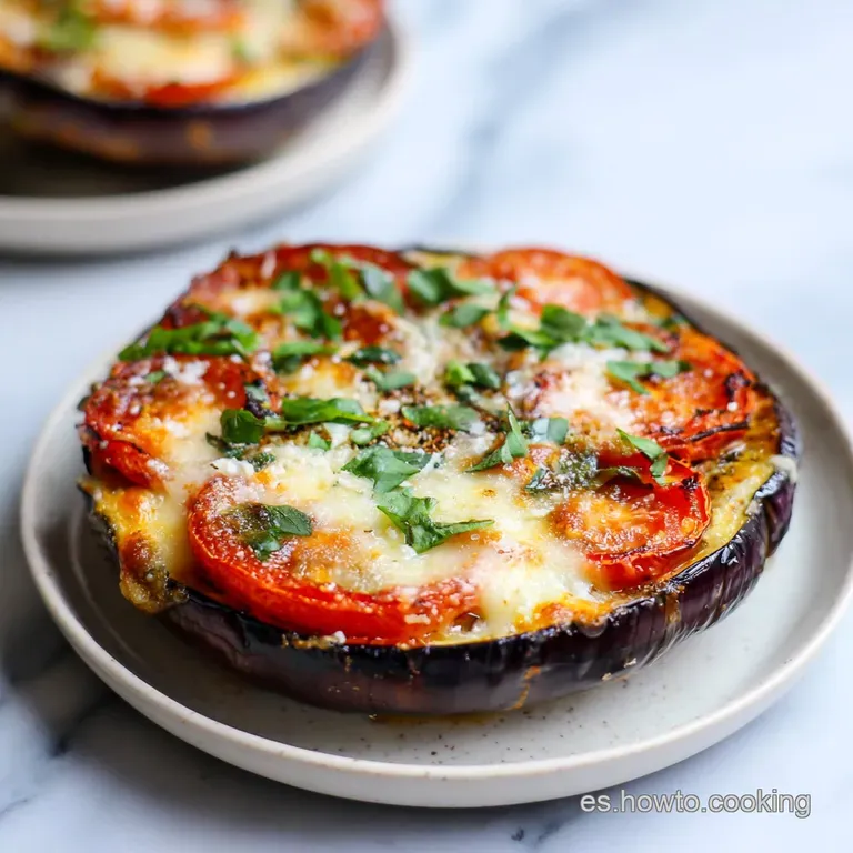 A rustic baking dish filled with tender eggplant and bubbling cheese, garnished with fresh herbs.