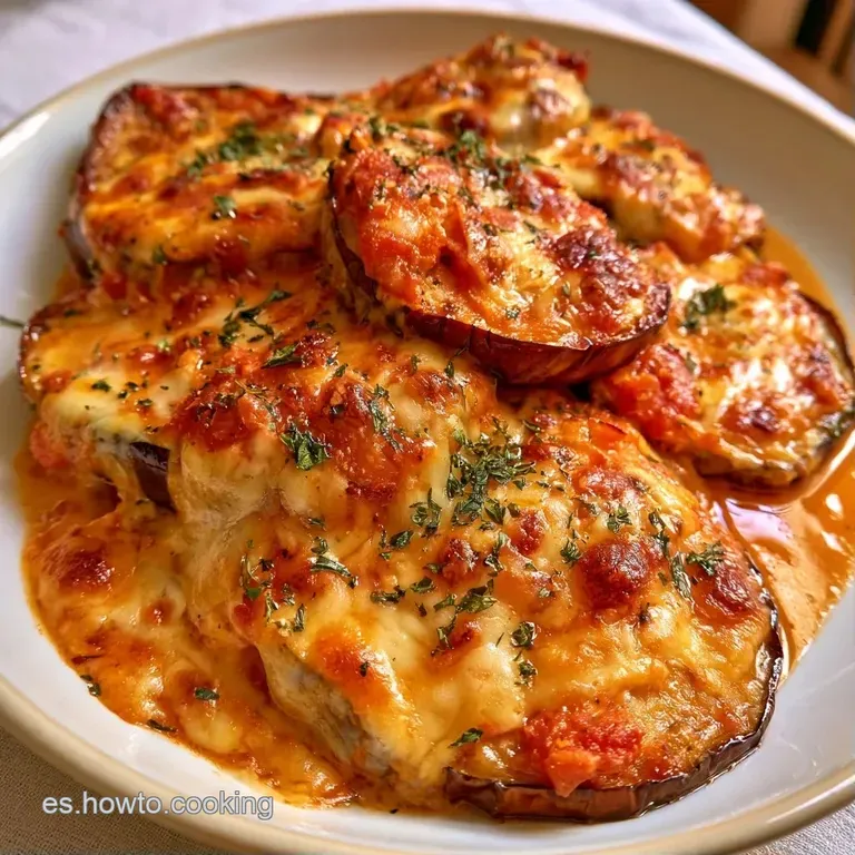 Capas de vegetal tostado y queso derretido sobre plato blanco, resaltadas por hilos de salsa de tomate roja y espesa.