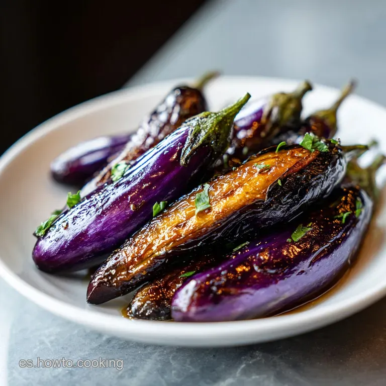 Close-up of a bright green eggplant spear glistening with oil, punctuated by flecks of red pepper, invitingly presented on...