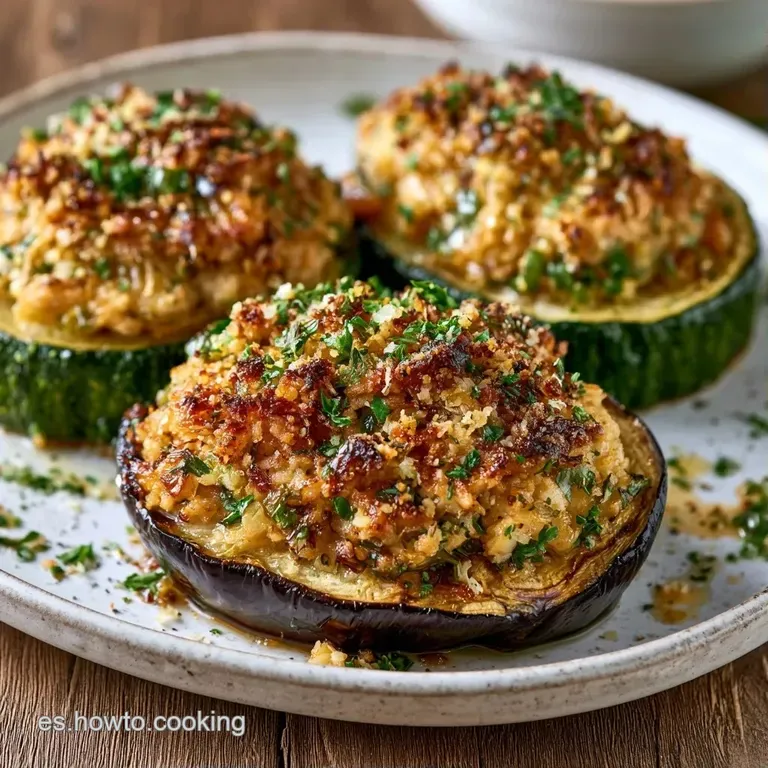 Vegetales rellenos dispuestos sim&eacute;tricamente con costra de queso gratinado y gotas de salsa sobre porcelana blanca.