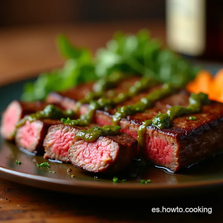 El Bistec Perfecto Jugoso Sellado Y Chimichurri Vibrante Sabor a Fuego Lento presentation