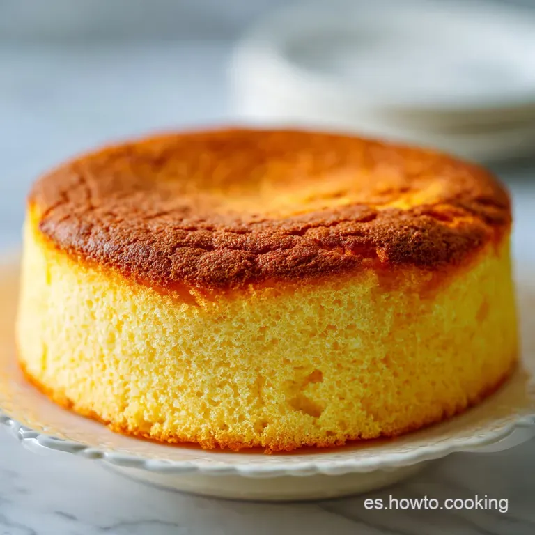 Delicate slice of golden sponge cake on a white plate. Light, airy texture is visible, enhanced by a dusting of powdered s...